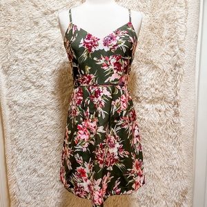 Floral print spaghetti strap mini sheath dress.